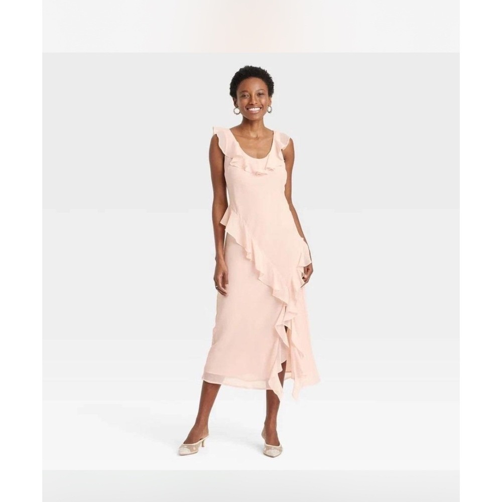 A New Day Pink Ruffle Chiffon Midi Dress Sleeveless V-Neck Pastel Wedding Medium